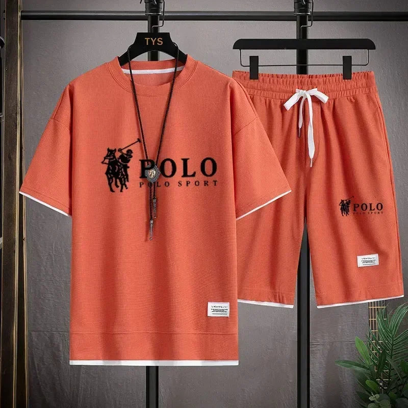 2026 Men's Summer Waffle 2 Piece Set Short Sleeve T-Shirt Sports Shorts Fashion Breathable Casual Tracksuit Gym Running Clothing
