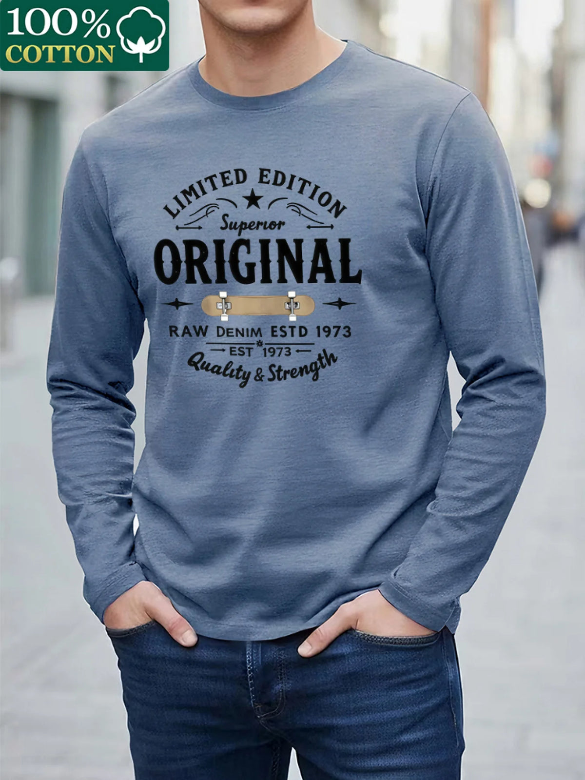 100% Pure Cotton Men's Long Sleeved Round Neck Loose Compass Explorer Pattern Printed Casual Versatile T-Shirt Top