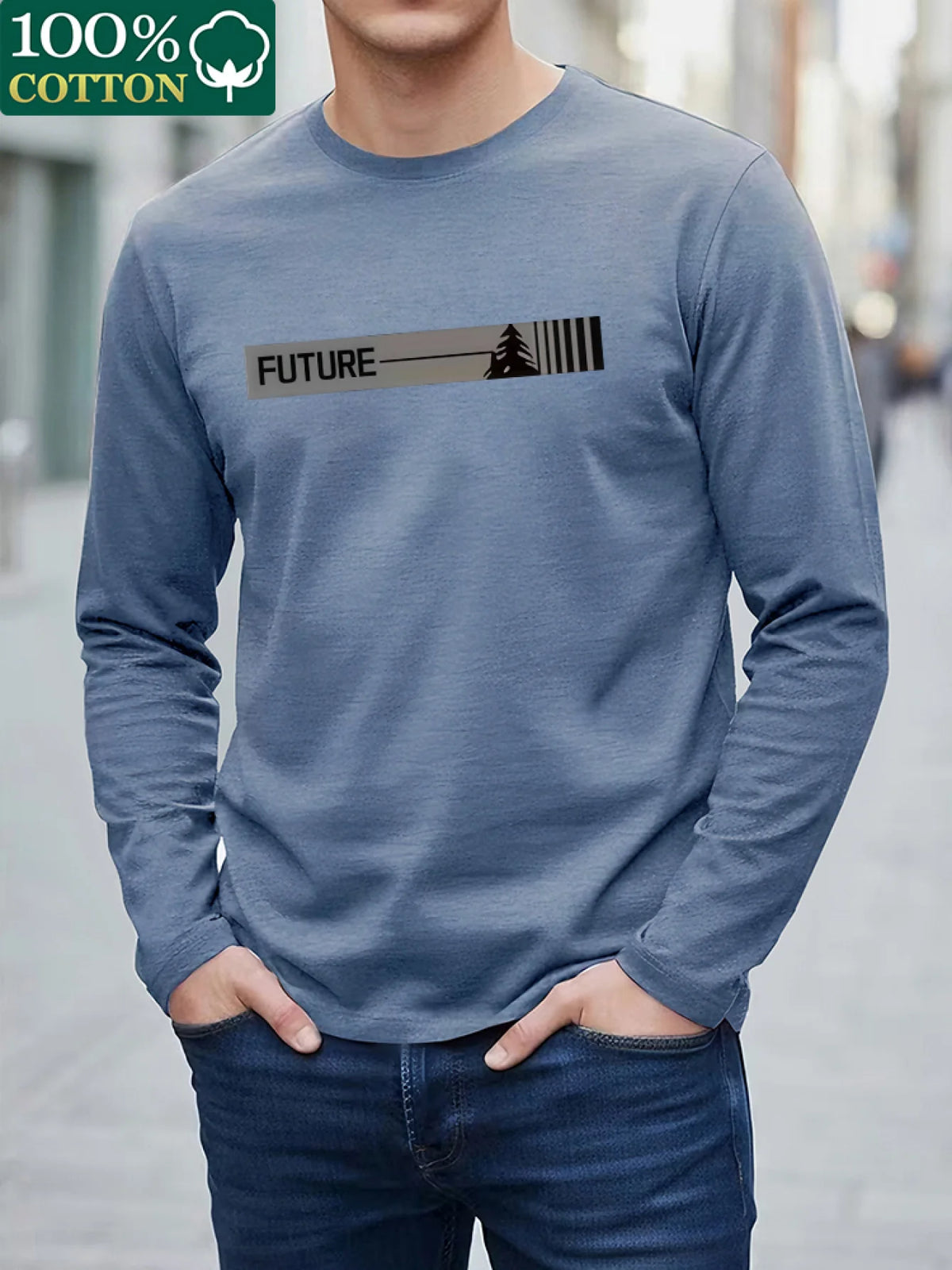 100% Pure Cotton Men's Long Sleeved Round Neck Loose Compass Explorer Pattern Printed Casual Versatile T-Shirt Top