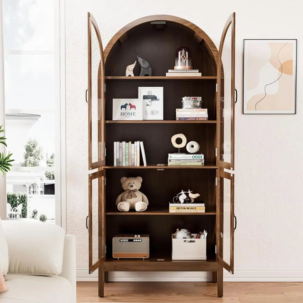 70.9 Tall Walnut Acrylic Glass Display Cabinet for Collectibles, 5-Tier Curio Case for Living Room