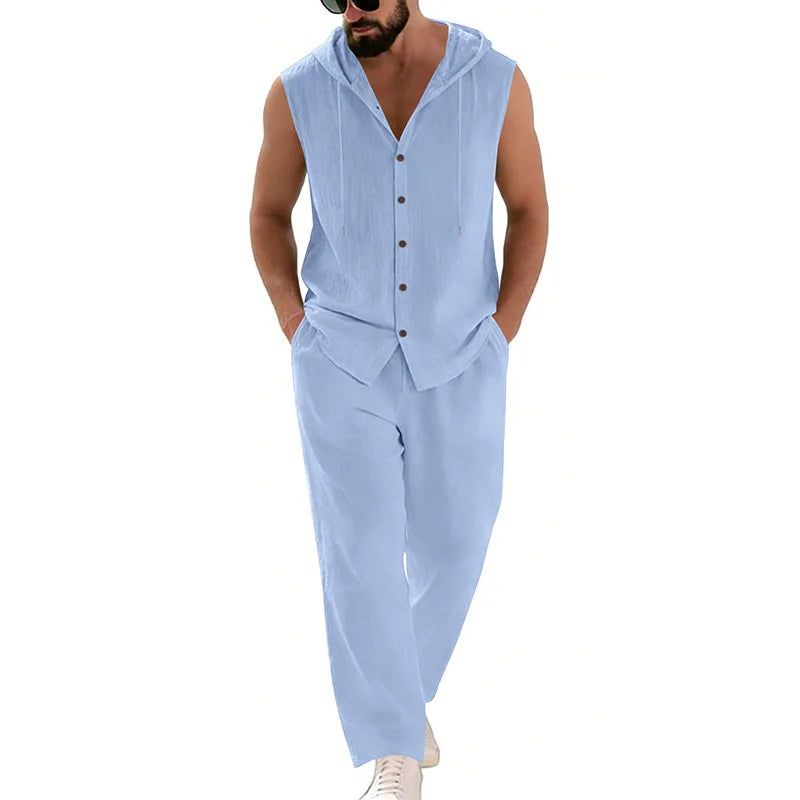 Men's Casual Linen Suit Hooded Sweater And Pants Set Solid Color Breathable Comfortable Men's Clothing