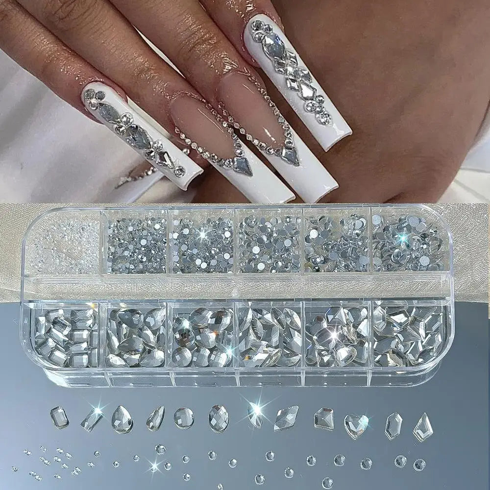 12Grids 3D Sapphire Blue Glass Nail Art Rhinestones Mixed-Shapes Flat-Back Diamond Nails Decorations Sparkling Manicure Gemstone