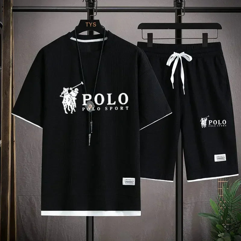 2026 Men's Summer Waffle 2 Piece Set Short Sleeve T-Shirt Sports Shorts Fashion Breathable Casual Tracksuit Gym Running Clothing