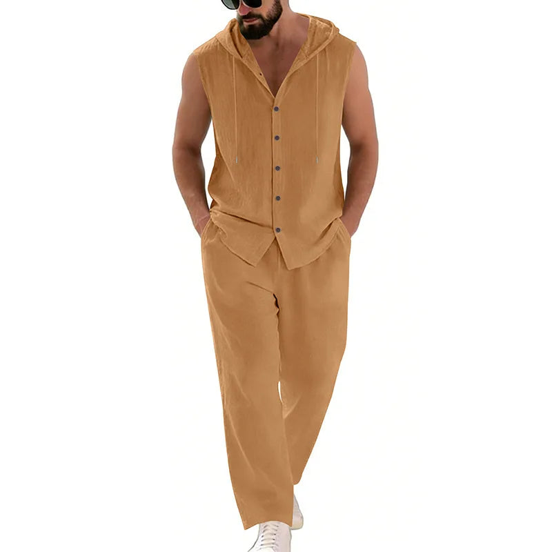 Men's Casual Linen Suit Hooded Sweater And Pants Set Solid Color Breathable Comfortable Men's Clothing