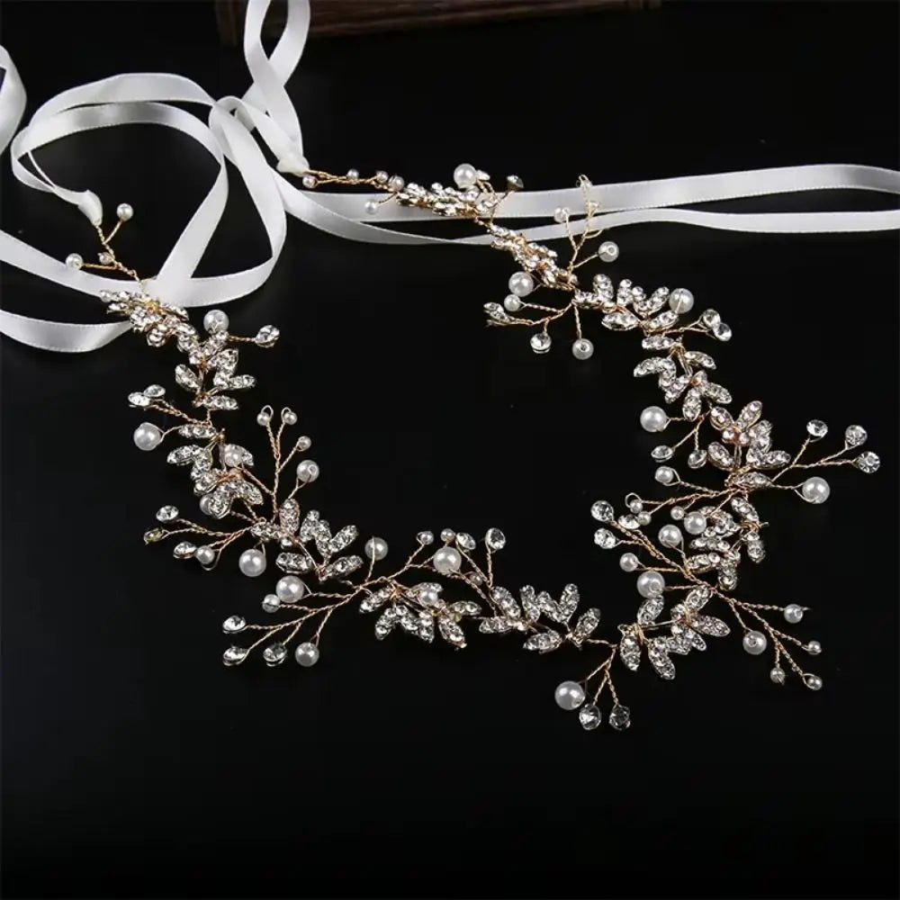 Pearl Bridal Headband Sparkling with Ribbon Rhinestone Headpiece Comfortable To Wear Handmade Bridesmaid Headwear Prom Event