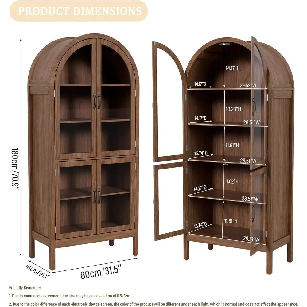 70.9 Tall Walnut Acrylic Glass Display Cabinet for Collectibles, 5-Tier Curio Case for Living Room