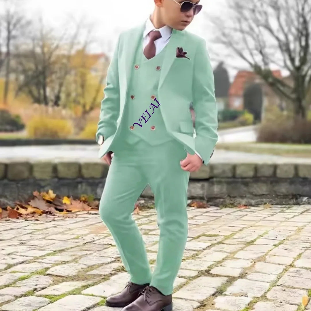 Boys 3 Piece Formal Suit Set with Blazer Pants Vest Customizable Wedding Tuxedo for Kids 2-16 Years