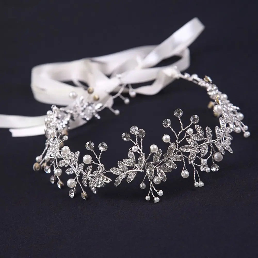 Pearl Bridal Headband Sparkling with Ribbon Rhinestone Headpiece Comfortable To Wear Handmade Bridesmaid Headwear Prom Event