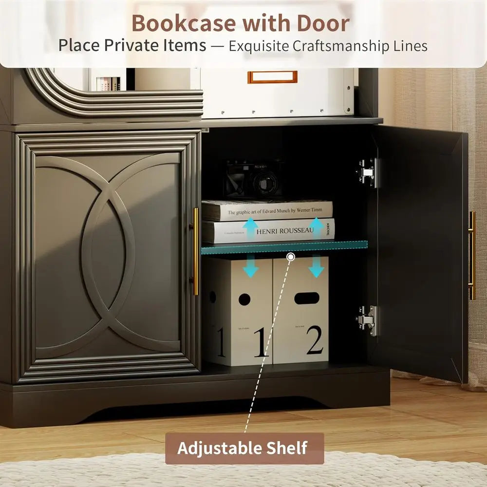 2pc Wood Display Cabinet with Glass Do, 69" Tall Curio Cabinet with LED Lights, Glass Display Case with Storage and 3 Shelves or