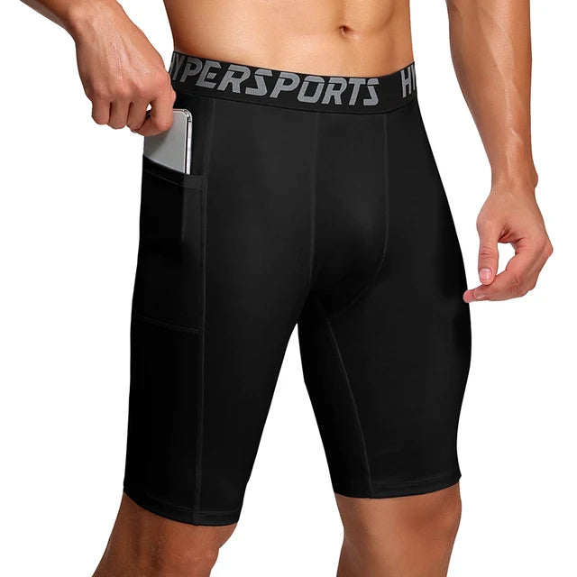 Mens Gym Shorts with Pockets Workout Compression Leggings for Men Polyester Boxer Briefs Running Basketball Athletic Tights