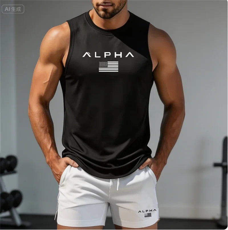 2026 Alpha Men's Printed Round-neck Fitness Vest+shorts Undershirt, Muscle Quick-drying Basketball Vest