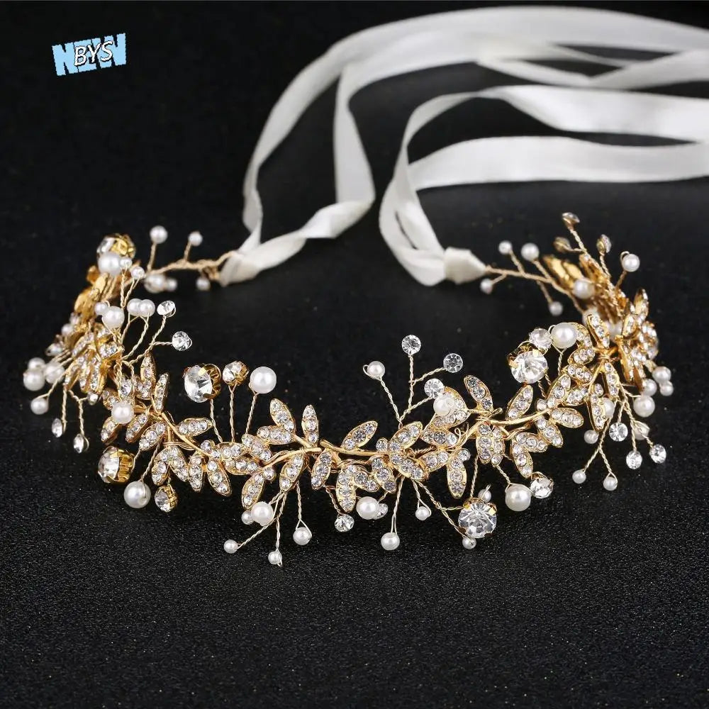 Pearl Bridal Headband Sparkling with Ribbon Rhinestone Headpiece Comfortable To Wear Handmade Bridesmaid Headwear Prom Event