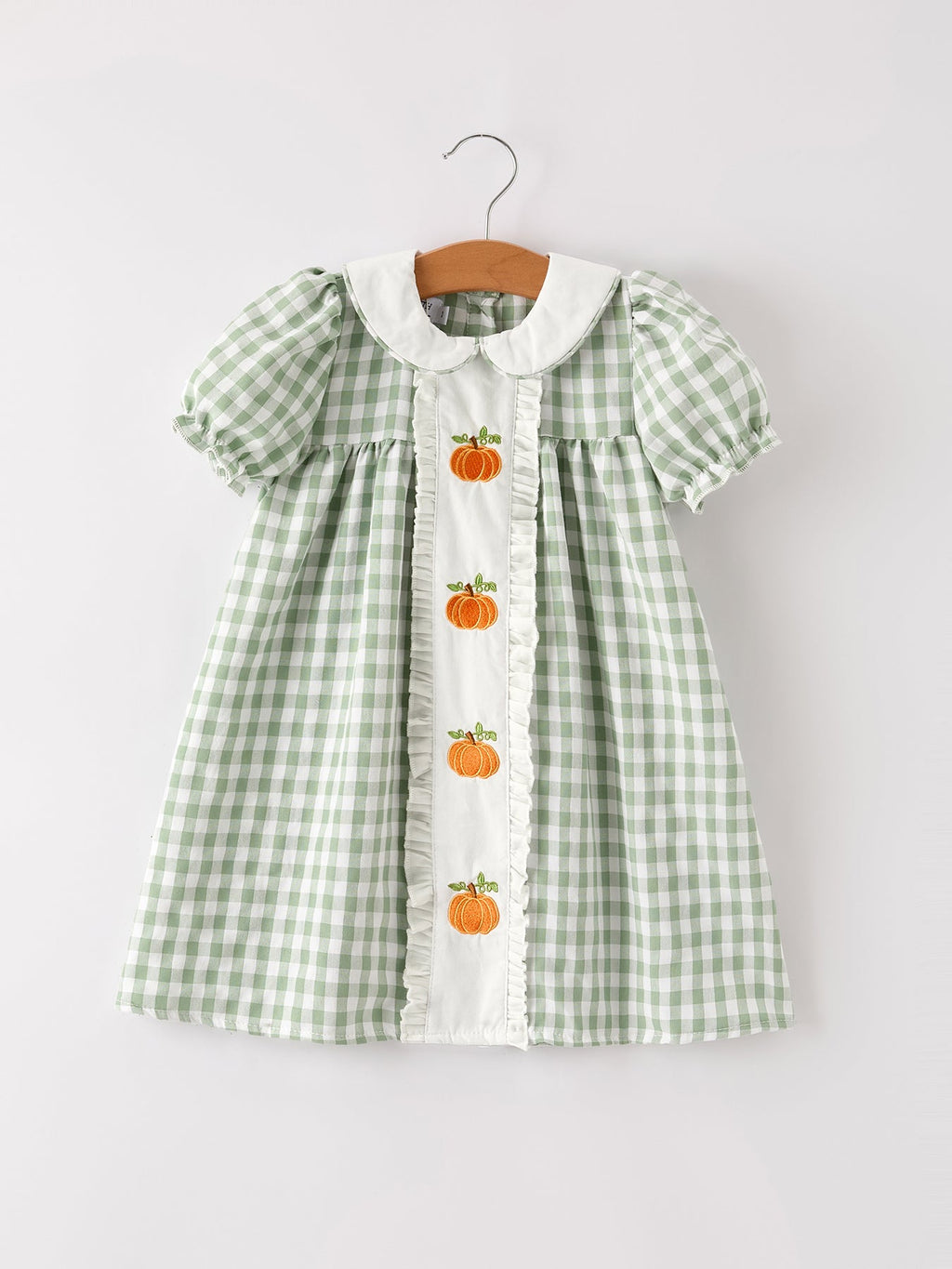Fall Halloween & Thanksgiving Pumpkin Applique Plaid Green Girls Dress