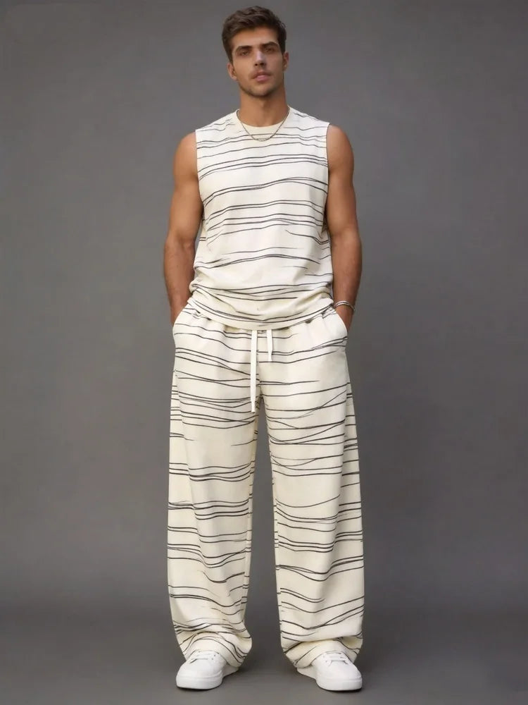 Men's Minimalist Irregular Sketch Stripe Sleeveless Vest And Casual Sweatpants Comfort Daily Sport Set
