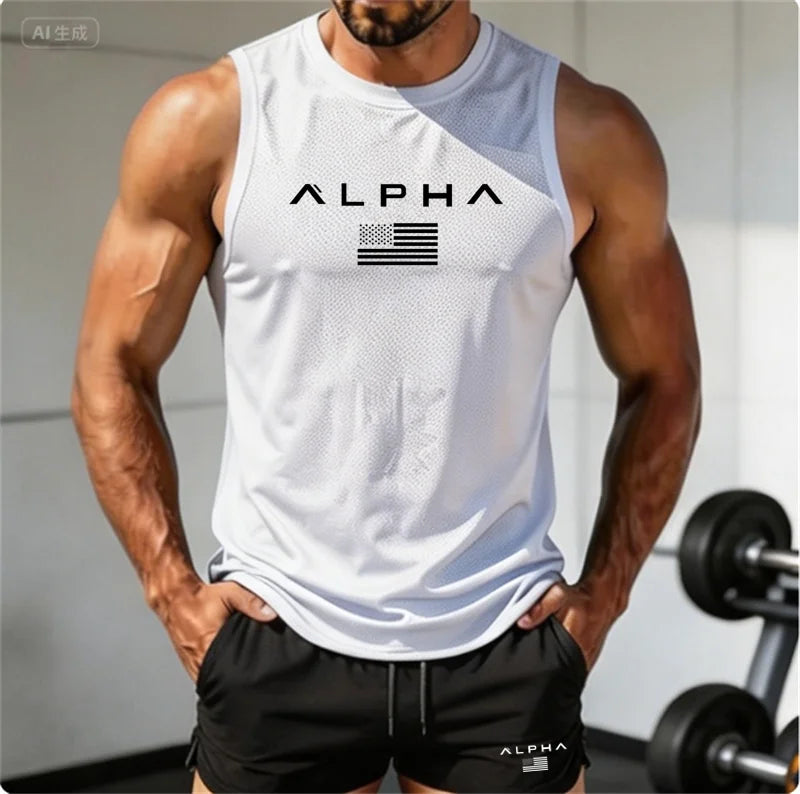2026 Alpha Men's Printed Round-neck Fitness Vest+shorts Undershirt, Muscle Quick-drying Basketball Vest