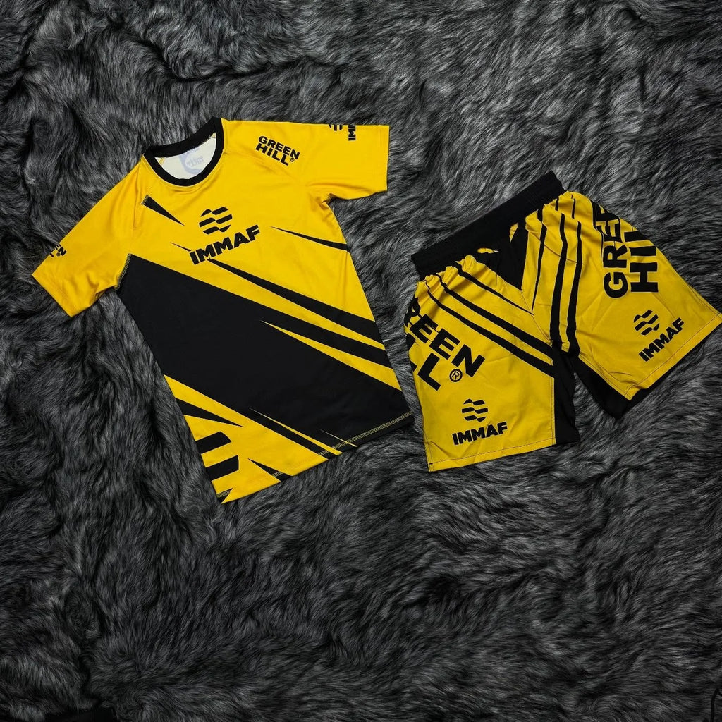 2026 New IMMAF Sports Set Men's Black Pink Graphic Rash Guard T-shirts & Shorts Quick Drying BJJ Training Combat Suit Adult Kids