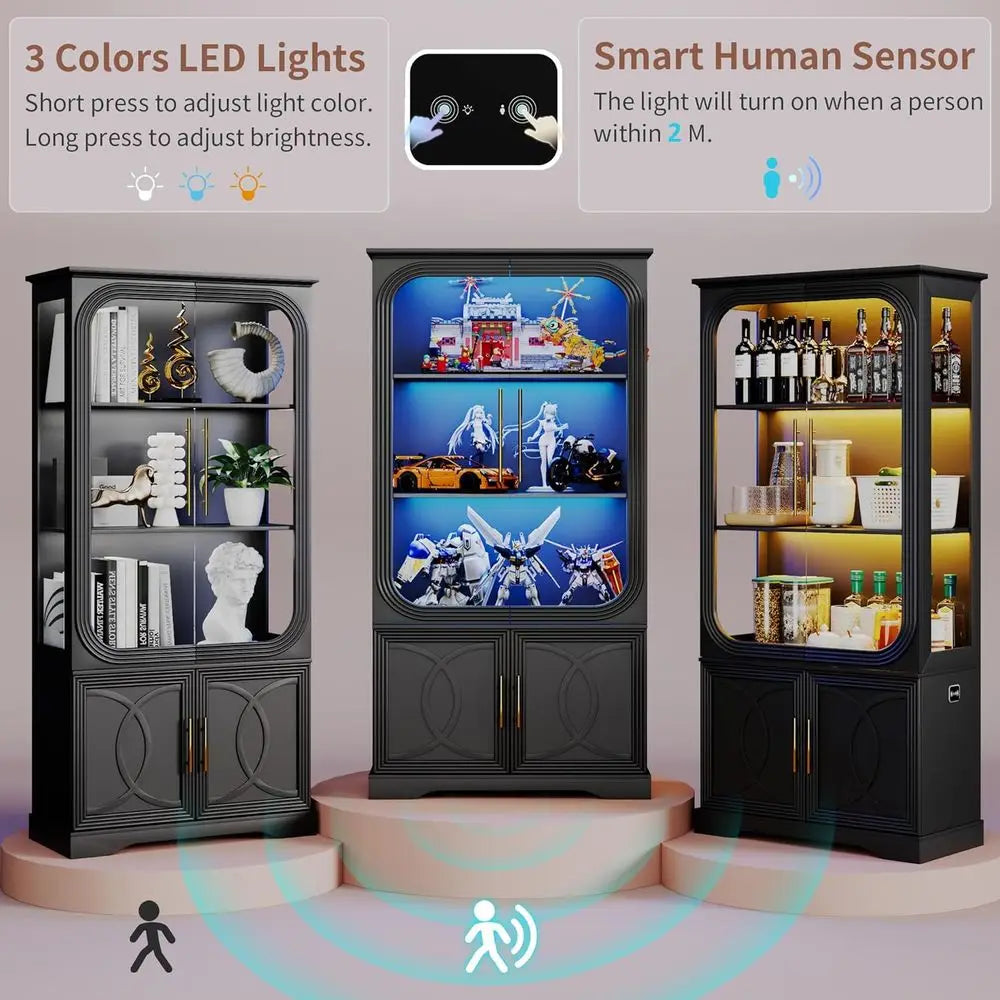 2pc Wood Display Cabinet with Glass Do, 69" Tall Curio Cabinet with LED Lights, Glass Display Case with Storage and 3 Shelves or