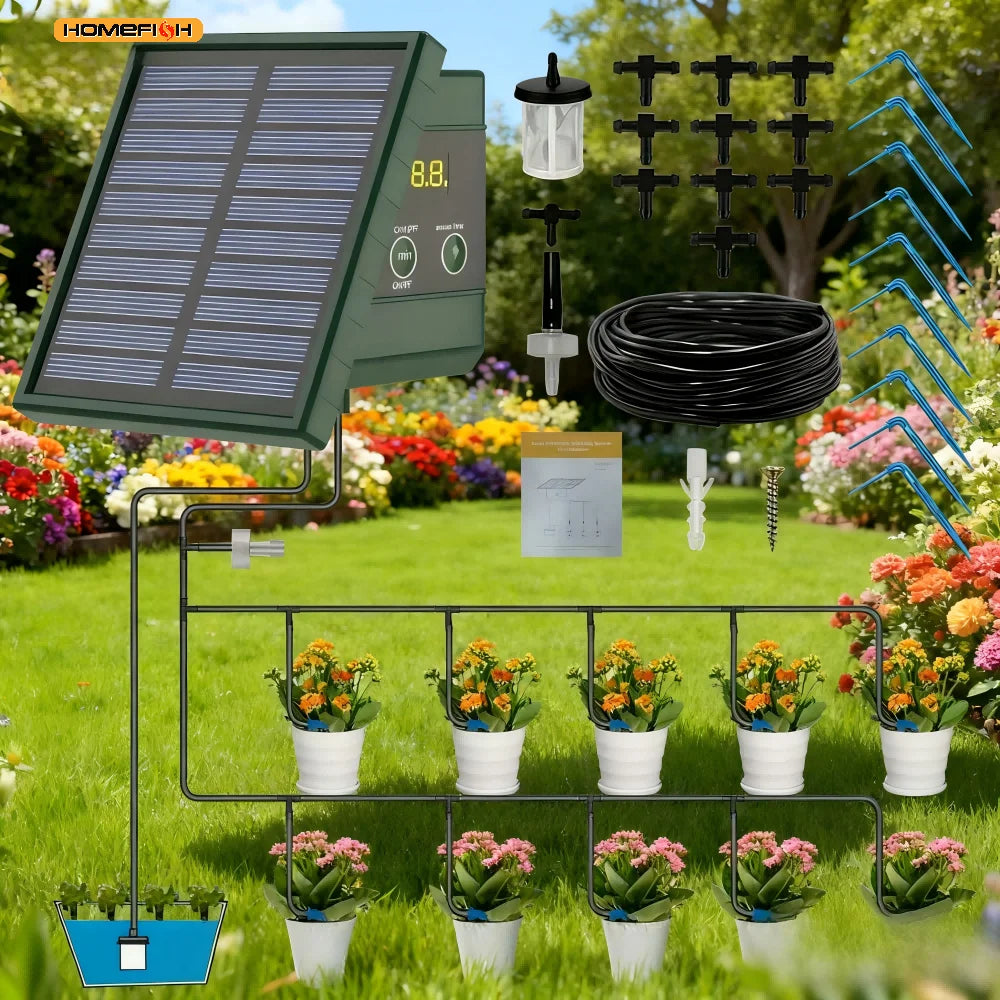 1pc DIY Solar-Powered Automatic Drip Irrigation System for Raised Beds Greenhouses Vegetable Gardens Balcony Hanging Plants