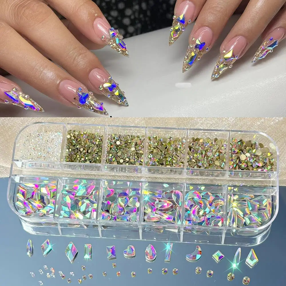 12Grids 3D Sapphire Blue Glass Nail Art Rhinestones Mixed-Shapes Flat-Back Diamond Nails Decorations Sparkling Manicure Gemstone