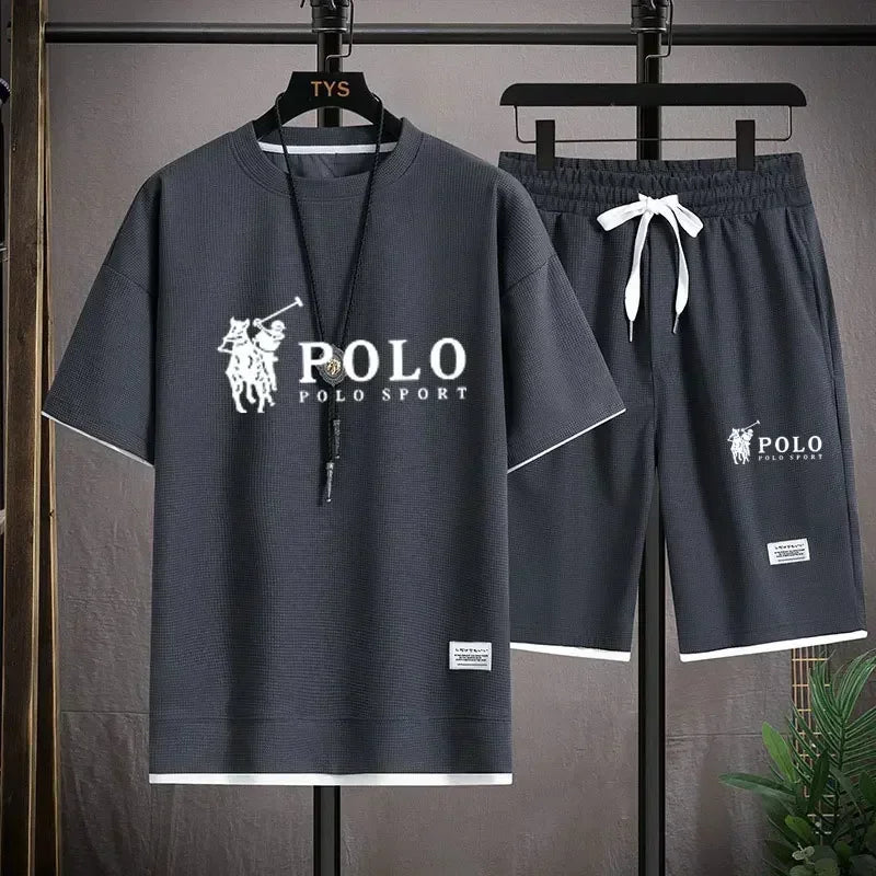 2026 Men's Summer Waffle 2 Piece Set Short Sleeve T-Shirt Sports Shorts Fashion Breathable Casual Tracksuit Gym Running Clothing