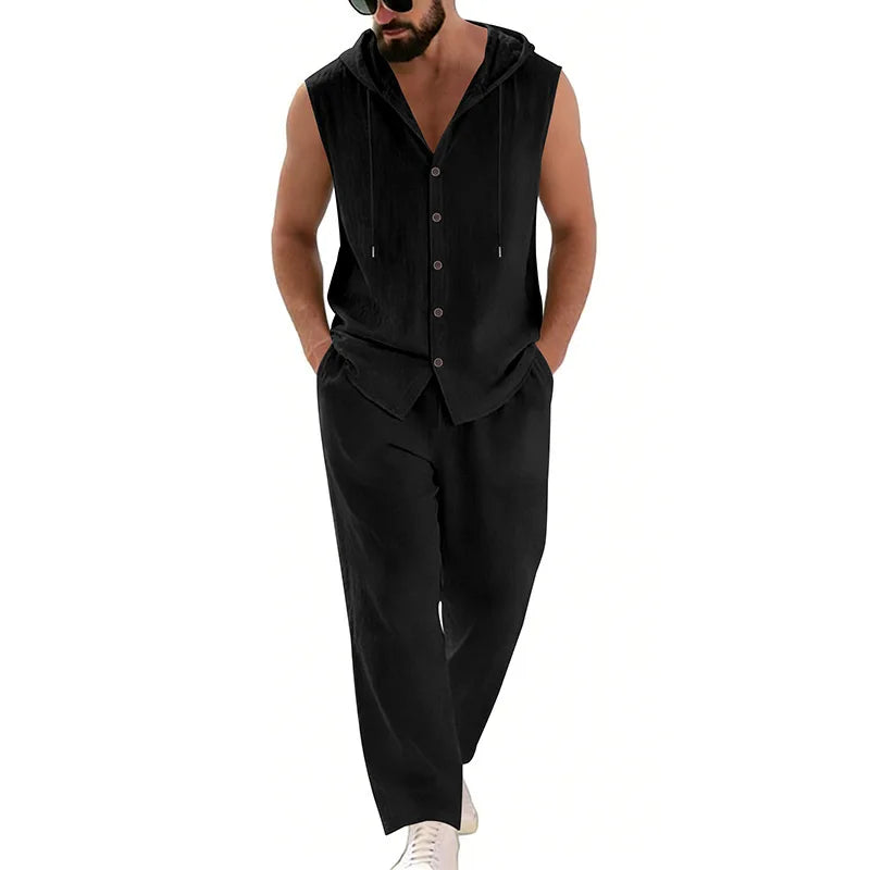 Men's Casual Linen Suit Hooded Sweater And Pants Set Solid Color Breathable Comfortable Men's Clothing