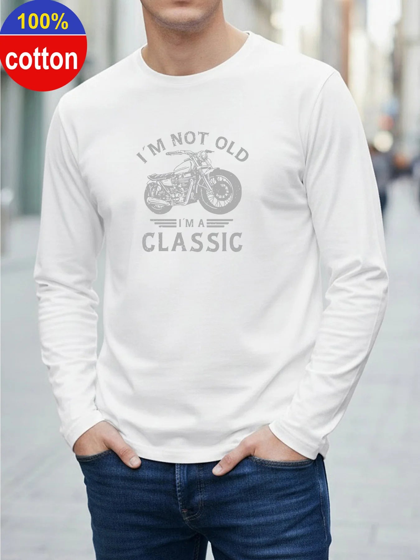 100% Pure Cotton Men's Long Sleeved Round Neck Loose Motorcycle Tpattern Printed Spring and Autumn Casual Versatile T-Shirt Top
