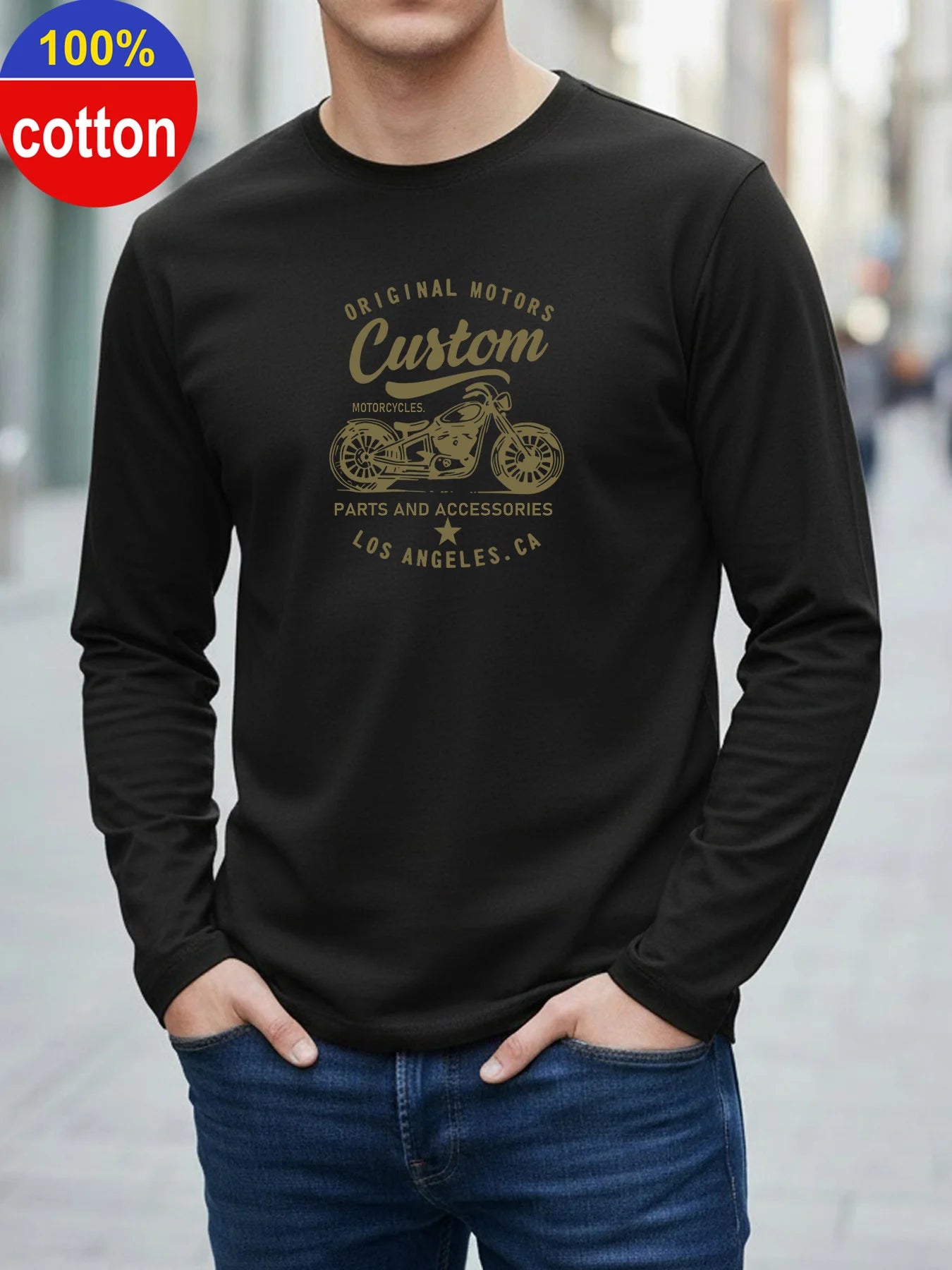 100% Pure Cotton Men's Long Sleeved Round Neck Loose Motorcycle Tpattern Printed Spring and Autumn Casual Versatile T-Shirt Top