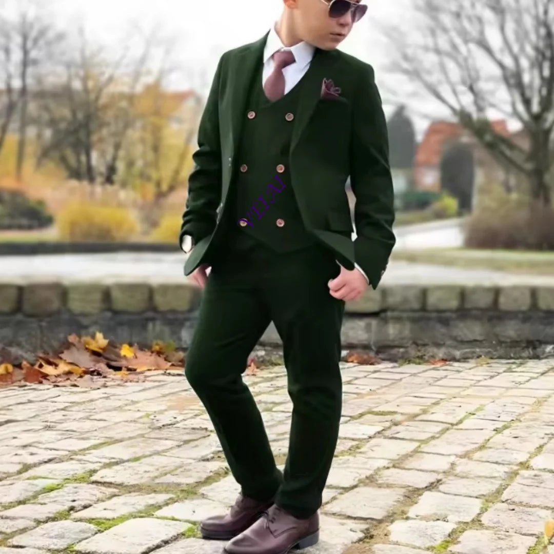 Boys 3 Piece Formal Suit Set with Blazer Pants Vest Customizable Wedding Tuxedo for Kids 2-16 Years