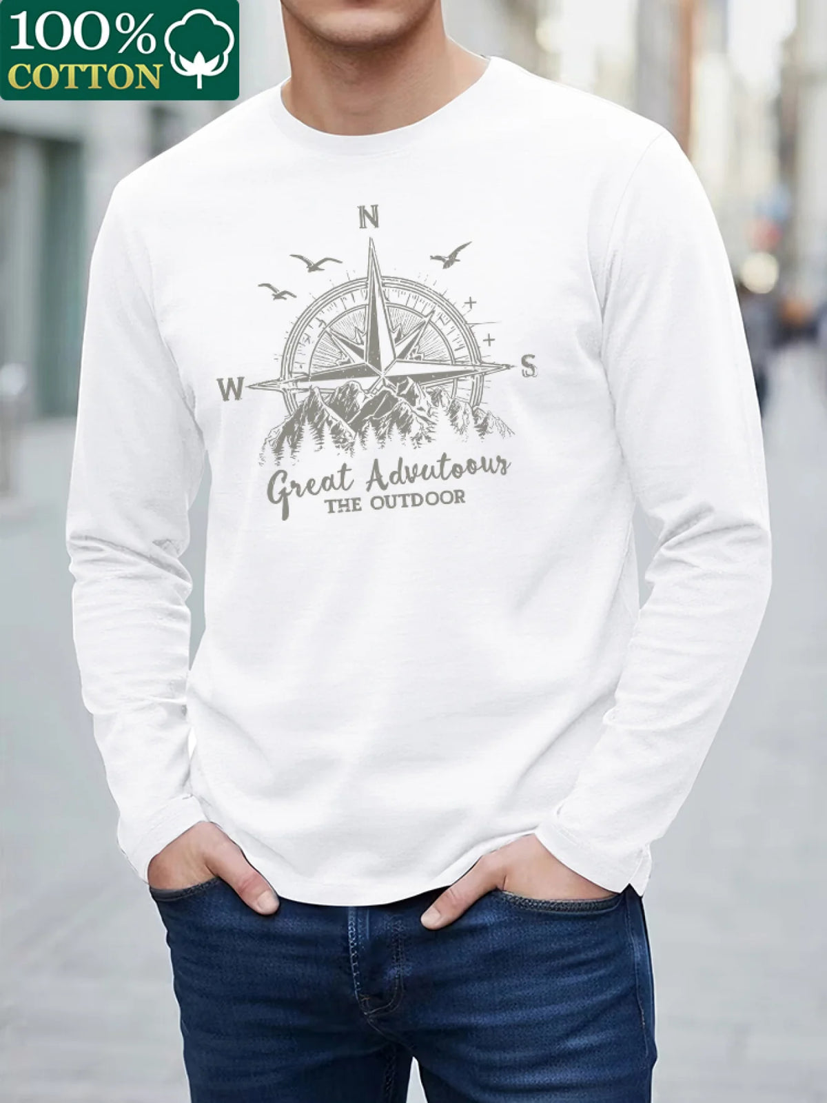 100% Pure Cotton Men's Long Sleeved Round Neck Loose Compass Explorer Pattern Printed Casual Versatile T-Shirt Top