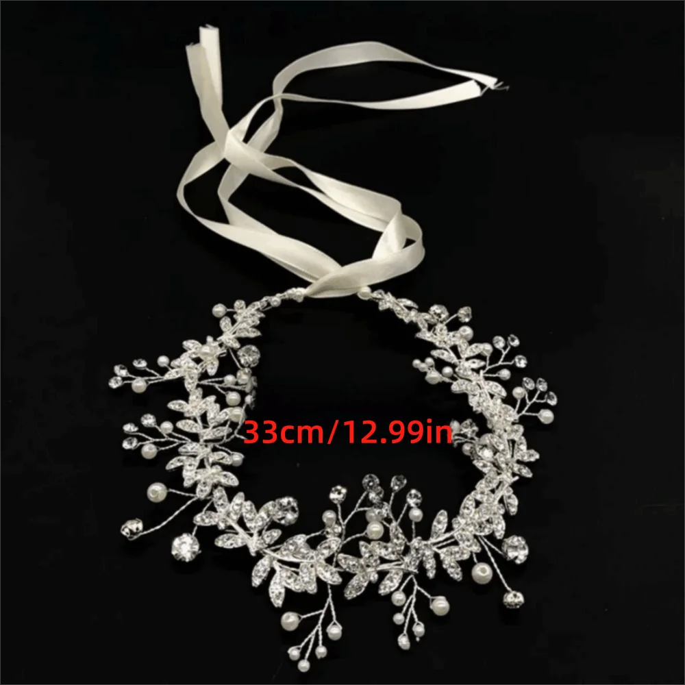 Pearl Bridal Headband Sparkling with Ribbon Rhinestone Headpiece Comfortable To Wear Handmade Bridesmaid Headwear Prom Event