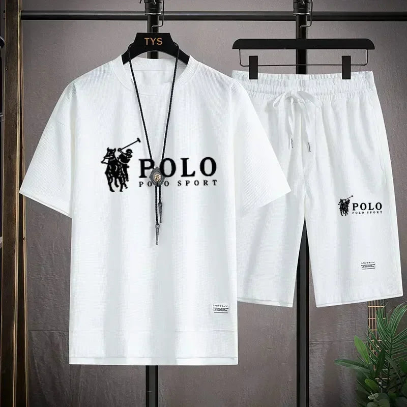 2026 Men's Summer Waffle 2 Piece Set Short Sleeve T-Shirt Sports Shorts Fashion Breathable Casual Tracksuit Gym Running Clothing