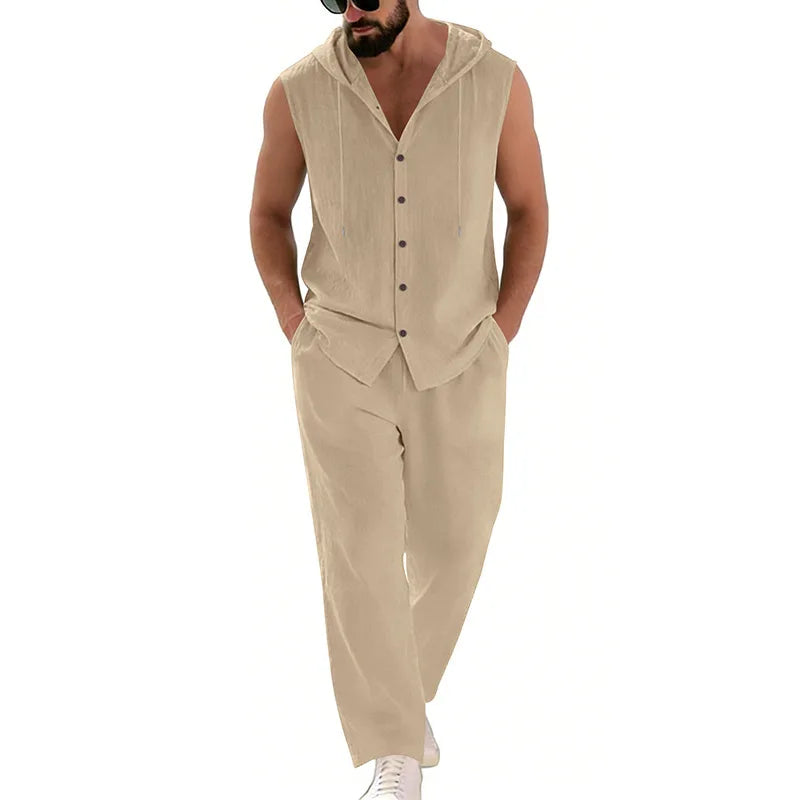 Men's Casual Linen Suit Hooded Sweater And Pants Set Solid Color Breathable Comfortable Men's Clothing