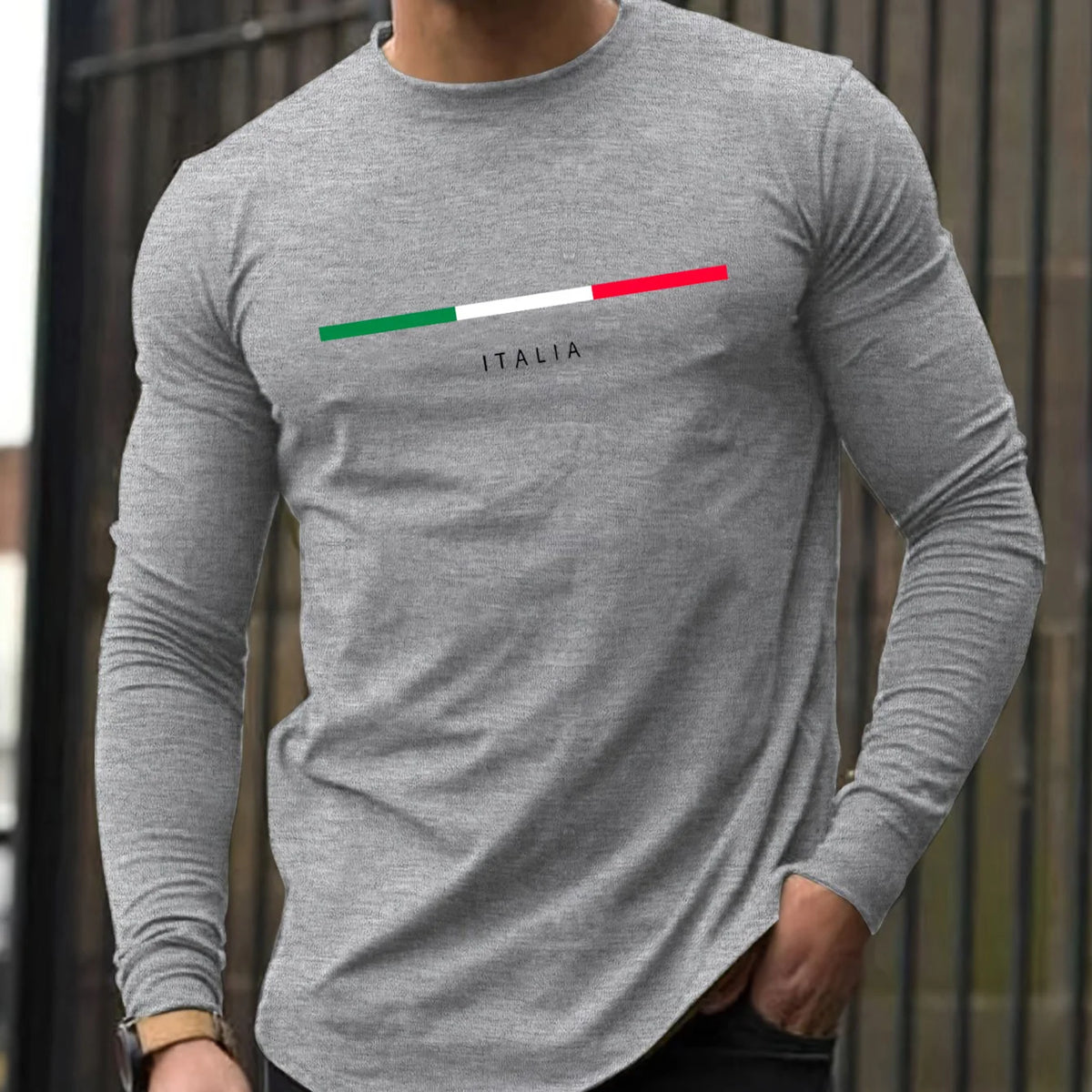 100% pure cotton men's long sleeved round neck loose ITALIA pattern printed spring and autumn casual versatile T-shirt top