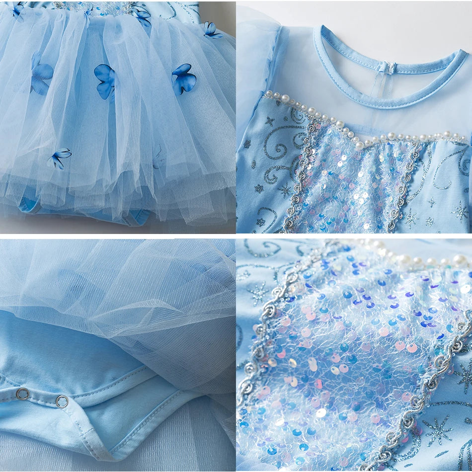 Cinderella Dancing Dress Girls Butterfly Applique Sequin Princess Ballet Clothes 2-8 Yrs Kid Training Uniform Blue Luxury Gown