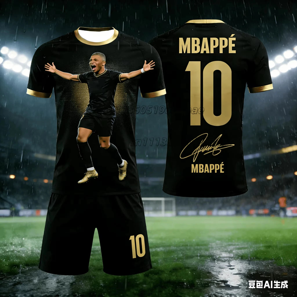 Summer New Item # Mbappe No.10 # Men's and Women's Commemorative T-shirt Shorts Football Sports Set Loose 3D Quick Drying Kids