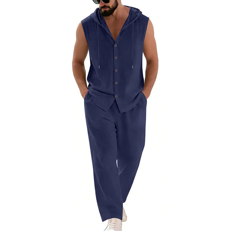 Men's Casual Linen Suit Hooded Sweater And Pants Set Solid Color Breathable Comfortable Men's Clothing