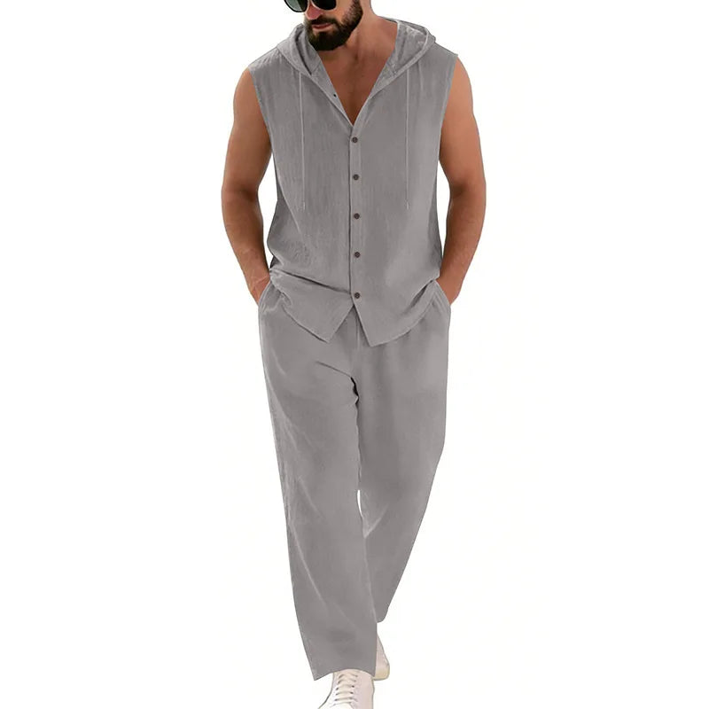 Men's Casual Linen Suit Hooded Sweater And Pants Set Solid Color Breathable Comfortable Men's Clothing
