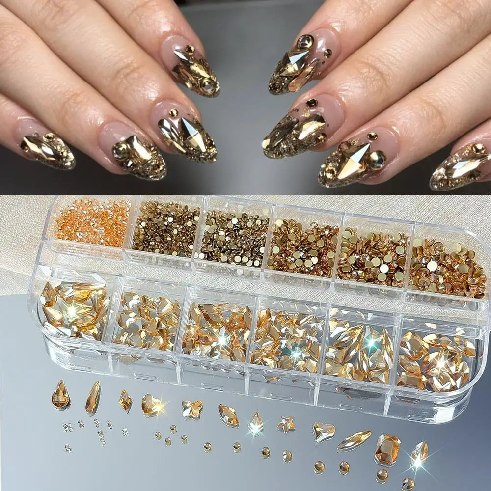 12Grids 3D Sapphire Blue Glass Nail Art Rhinestones Mixed-Shapes Flat-Back Diamond Nails Decorations Sparkling Manicure Gemstone