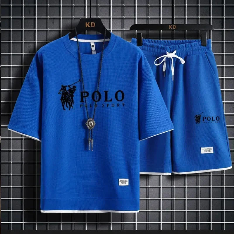 2026 Men's Summer Waffle 2 Piece Set Short Sleeve T-Shirt Sports Shorts Fashion Breathable Casual Tracksuit Gym Running Clothing
