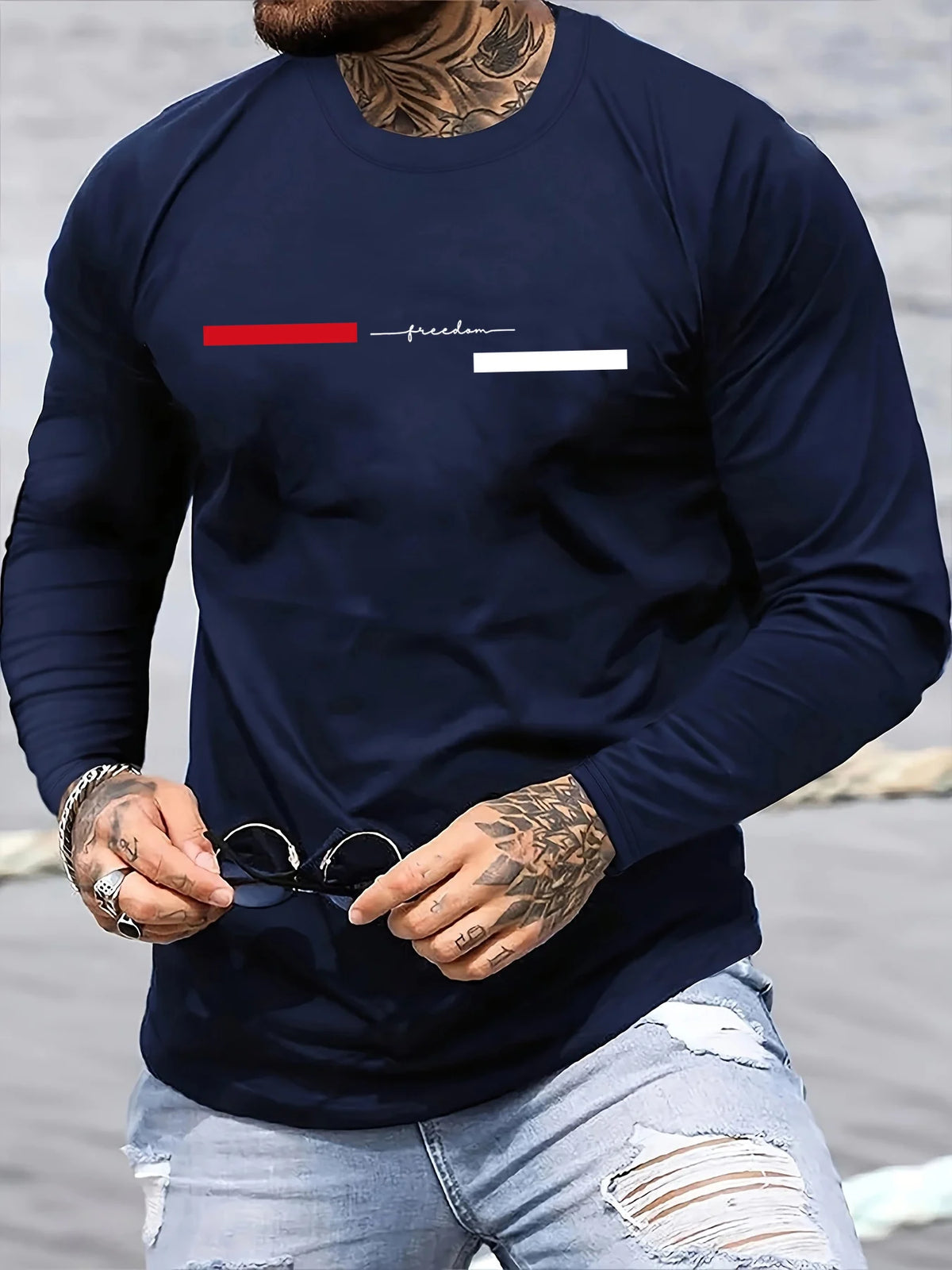 100% pure cotton men's long sleeved round neck loose casual freedom letter pattern printed spring and autumn versatile T-shirt