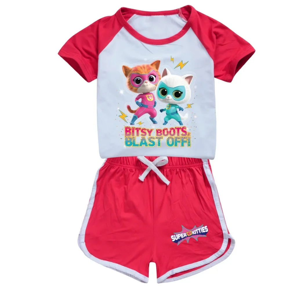 AIAI 2025SuperKitties Costumes Tshirt Shorts Kids Superkitties Clothes Toddler Boys Summer Outfits Baby Grils Short Sleeve Tshir