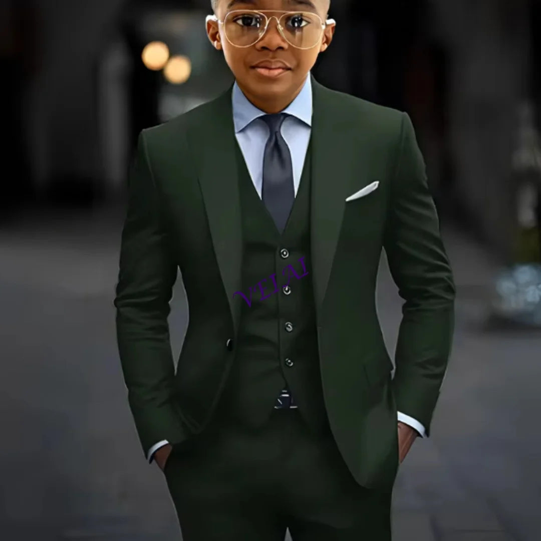 Boys 3 Piece Formal Suit Set with Blazer Pants Vest Customizable Wedding Tuxedo for Kids 2-16 Years