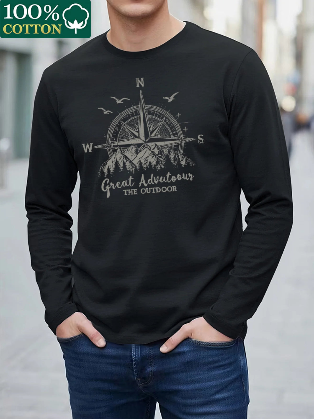 100% Pure Cotton Men's Long Sleeved Round Neck Loose Compass Explorer Pattern Printed Casual Versatile T-Shirt Top