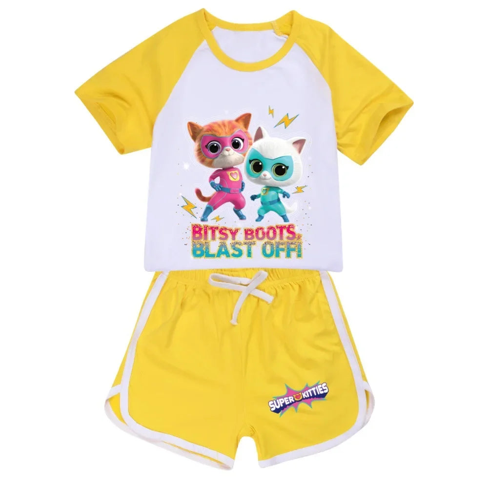 AIAI 2025SuperKitties Costumes Tshirt Shorts Kids Superkitties Clothes Toddler Boys Summer Outfits Baby Grils Short Sleeve Tshir
