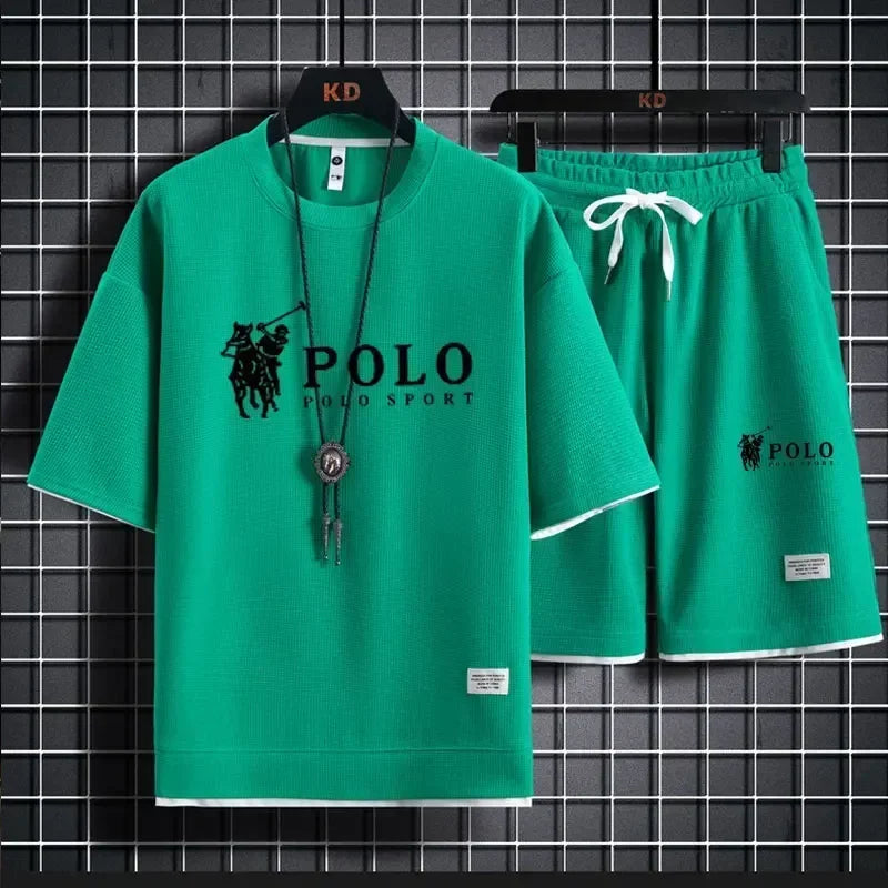 2026 Men's Summer Waffle 2 Piece Set Short Sleeve T-Shirt Sports Shorts Fashion Breathable Casual Tracksuit Gym Running Clothing