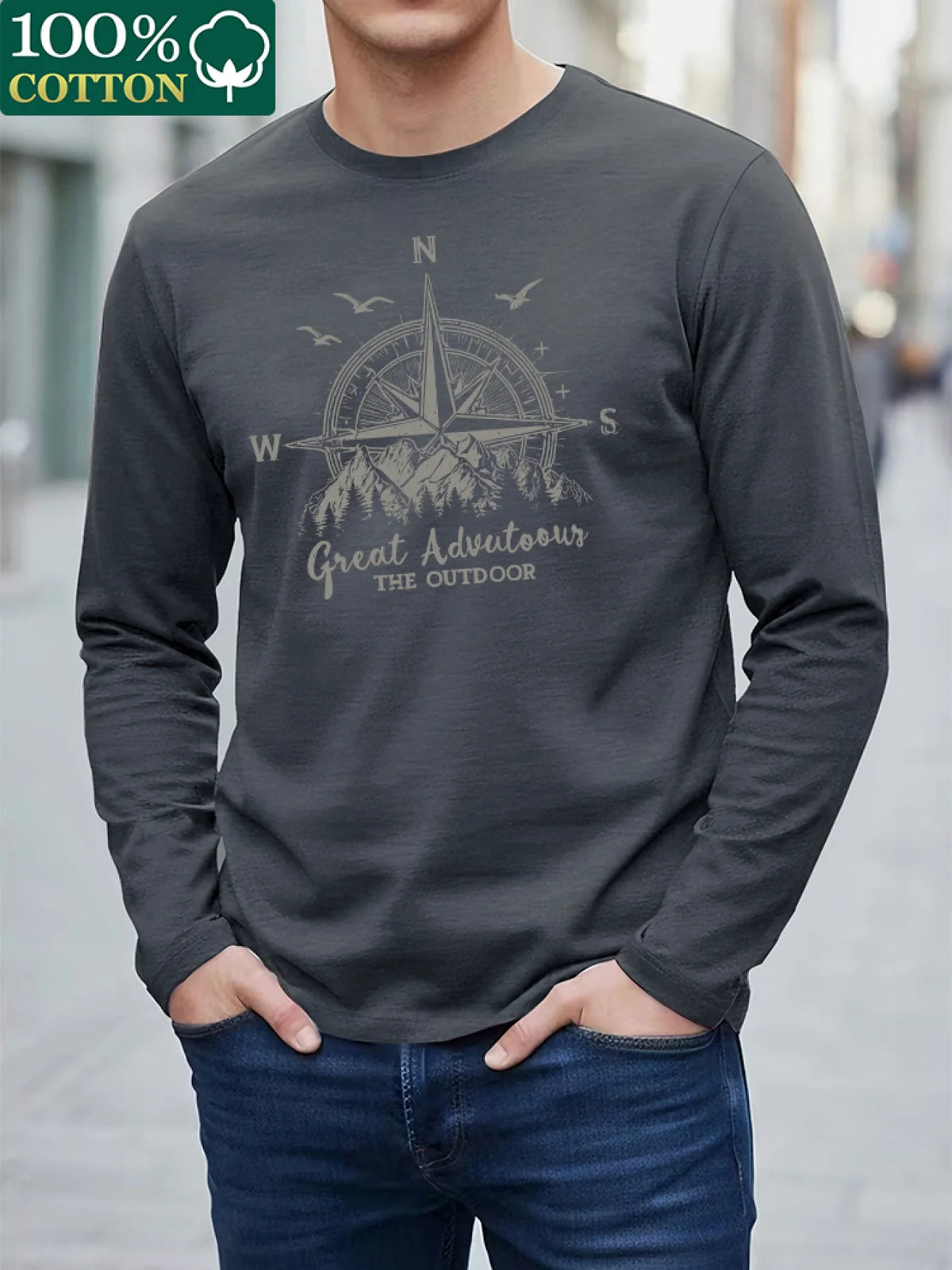 100% Pure Cotton Men's Long Sleeved Round Neck Loose Compass Explorer Pattern Printed Casual Versatile T-Shirt Top