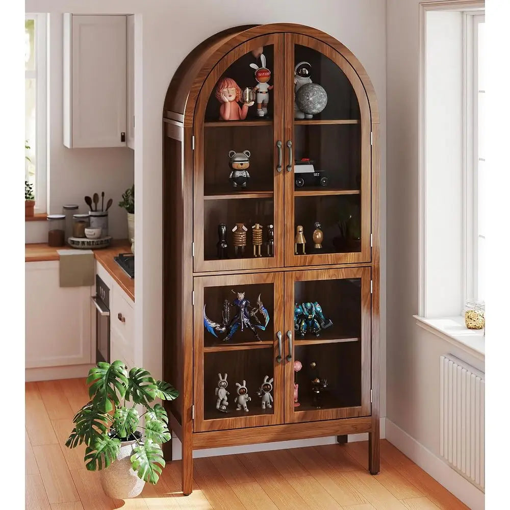 70.9 Tall Walnut Acrylic Glass Display Cabinet for Collectibles, 5-Tier Curio Case for Living Room