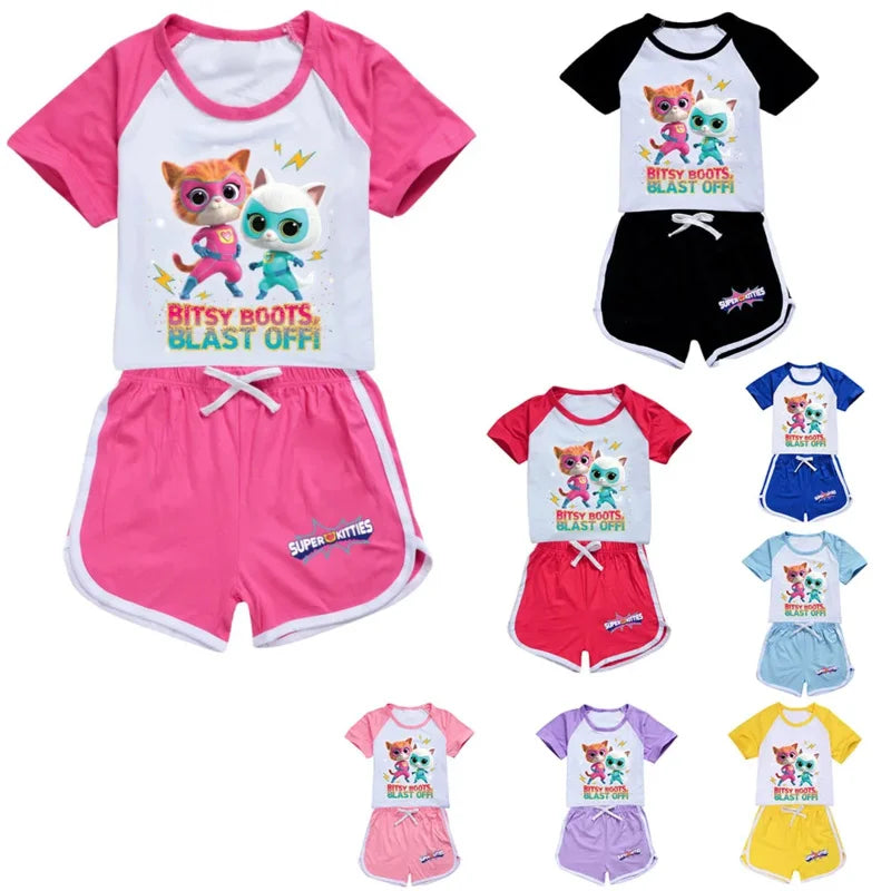 AIAI 2025SuperKitties Costumes Tshirt Shorts Kids Superkitties Clothes Toddler Boys Summer Outfits Baby Grils Short Sleeve Tshir