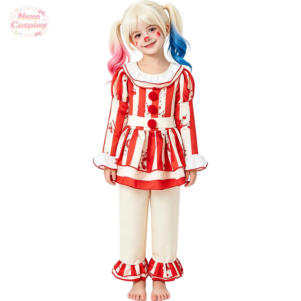 Kids Red White Striped Horror Clown Suit Halloween Cosplay Costume Hallowen Play Role Clothes Clothing