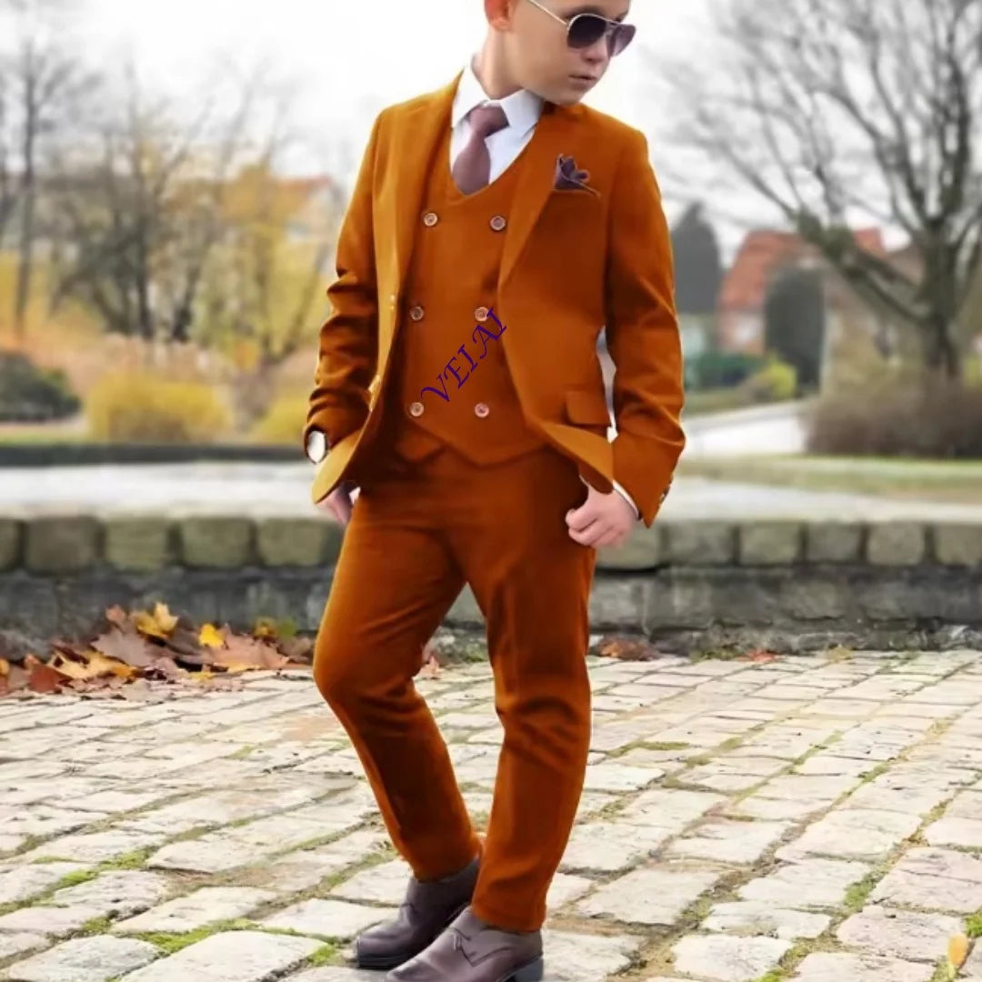 Boys 3 Piece Formal Suit Set with Blazer Pants Vest Customizable Wedding Tuxedo for Kids 2-16 Years